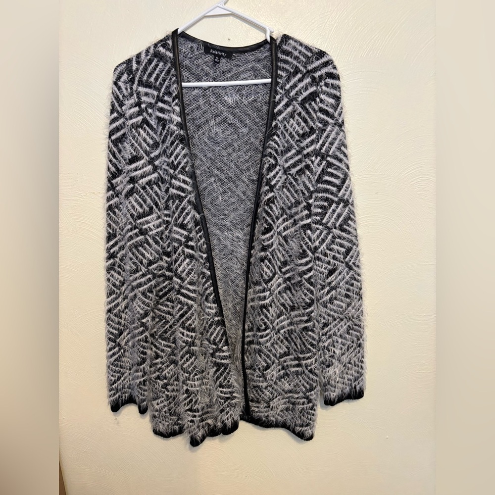 Relativity XL Black White Fuzzy Open Front Cardigan Textured Sweater Jacket
